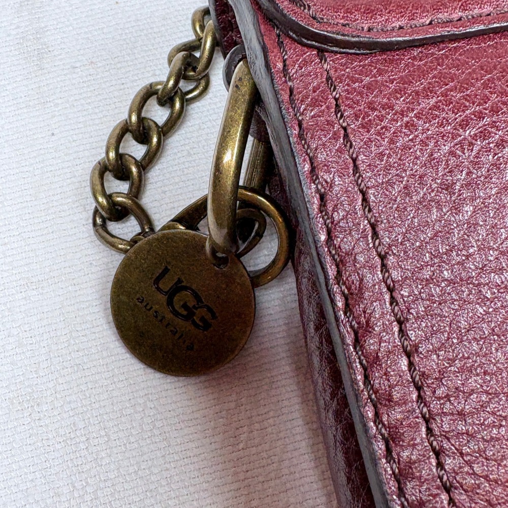 UGG Burgundy Brooklyn Pebbled  Leather Mini Crossbody Bag Turn Lock Chain Strap - Picture 10 of 16